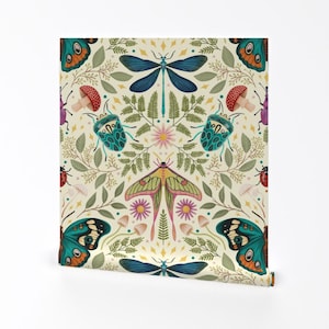 « Papier peint autocollant amovible damassé insecte - insectes botaniques - décoration murale art mural - gribouillage insecte léger » par hope_olivia_illustrations