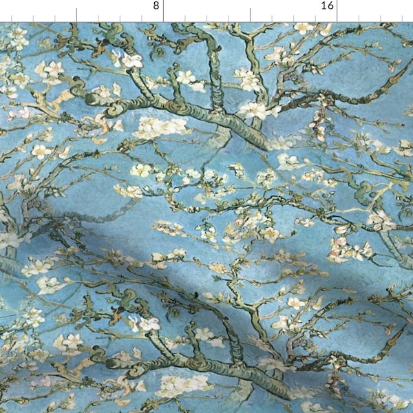 Vintage Botanical Fabric - Branches Of An Almond Tree In Blossom By Peacoquettedesigns - Blue Cotton Fabric by the yard With Spoonflower