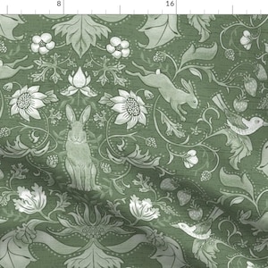 Sage Woodland Fabric - Rabbits In The Hedgerow by vinpauld - Damask Rabbits Flowers Birds Victorian Forest Fabric by the Yard by Spoonflower
