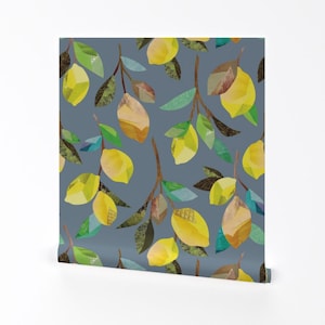 Papier peint pop art - Branches de citron par Ceciliamok - Rouleau de papier peint auto-adhésif amovible, étain gris, fruits jaunes, agrumes par Spoonflower