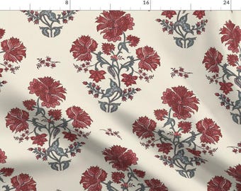 May include: Cream-colored fabric with a repeating floral pattern. Large, stylized red flowers with gray-blue stems and leaves are scattered across the surface. Smaller floral clusters and sprigs fill the spaces.