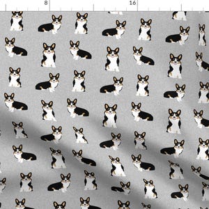 May include: A repeating pattern of black and white corgi dogs on a light gray background. The corgis are facing different directions and are in various poses.
