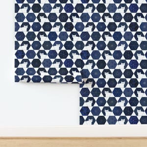 Cats Wallpaper - Sashiko Cats By Patricia Lima - Navy White Geometric Hexagon Kitten Removable Self Adhesive Wallpaper Roll by Spoonflower image 4