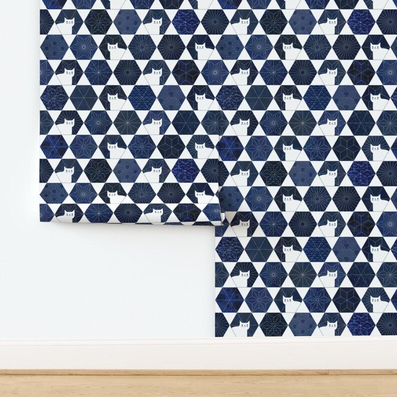 Cats Wallpaper - Sashiko Cats By Patricia Lima - Navy White Geometric Hexagon Kitten Removable Self Adhesive Wallpaper Roll by Spoonflower image 4