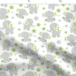 Elephant Fabric Dreamy Green Elephant By Prettygrafik Animal Baby Nursery Green White Gray Dot Cotton Fabric By The Yard With Spoonflower image 1