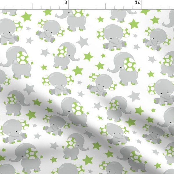 Elephant Fabric - Dreamy Green Elephant By Prettygrafik Animal Baby Nursery Green White Gray Dot- Cotton Fabric By The Yard With Spoonflower