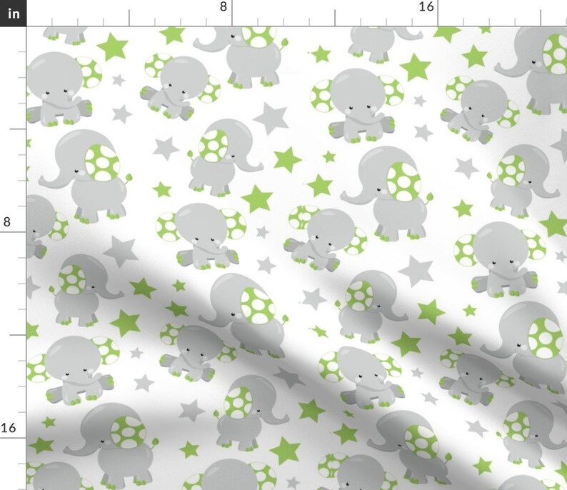 Elephant Fabric Dreamy Green Elephant By Prettygrafik Animal Baby Nursery Green White Gray Dot Cotton Fabric By The Yard With Spoonflower image 1