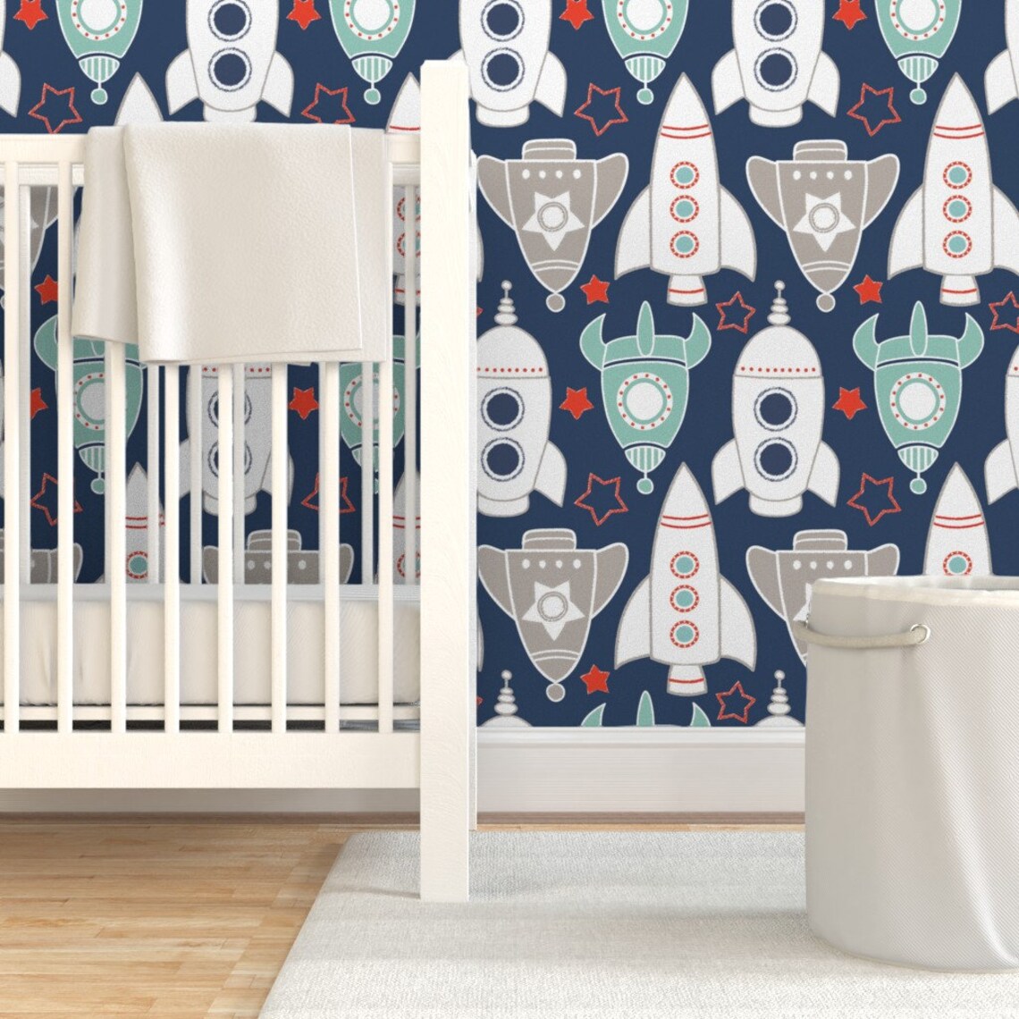 Rocket Ships Wallpaper Rocket Race in Navy by Sugarfresh Etsy