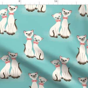 Vintage Siamese Cats Blue Twins Fabric - Kitsch Kitties - Aqua By Heather Anderson - Vintage Cotton Fabric By The Yard With Spoonflower