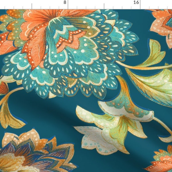 Orange Chintz Fabric -  Teal Chintz Orange by chicca_besso - Large Scale Floral Teal Blue Orange  Fabric by the Yard by Spoonflower