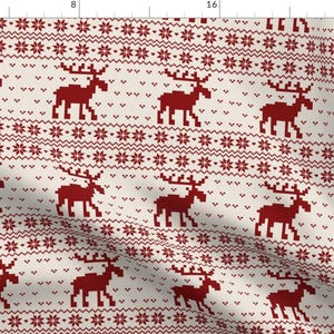 Snowflakes Fabric - Christmas Moose by utart - Deer Moose Winter Beige Red Happy Holidays Fair Isle  Fabric by the Yard by Spoonflower