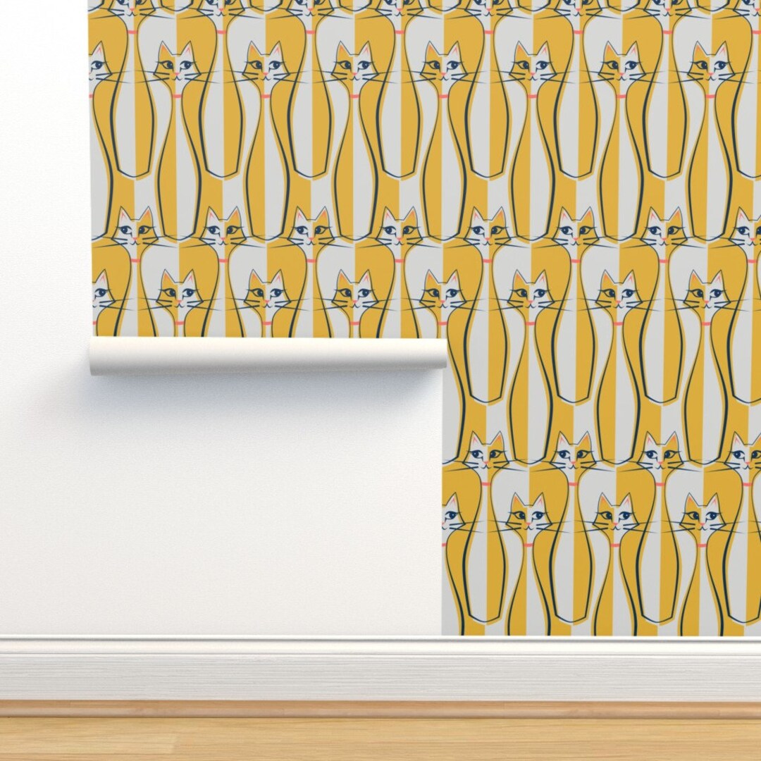 Cat Wallpaper Mod Meow by Studioxtine Yellow Gray Retro - Etsy Australia