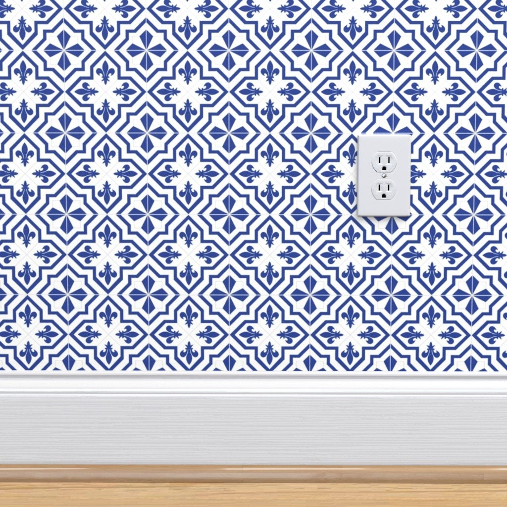 Fleur De Lis Tile Wallpaper Delft Fleur by Lucielou Tiles | Etsy