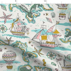 Whimsical Fabric - Coastal Travel by the_printed_square_studio - Nautical Coastal Seashells Ship Map Ocean Fabric by the Yard by Spoonflower