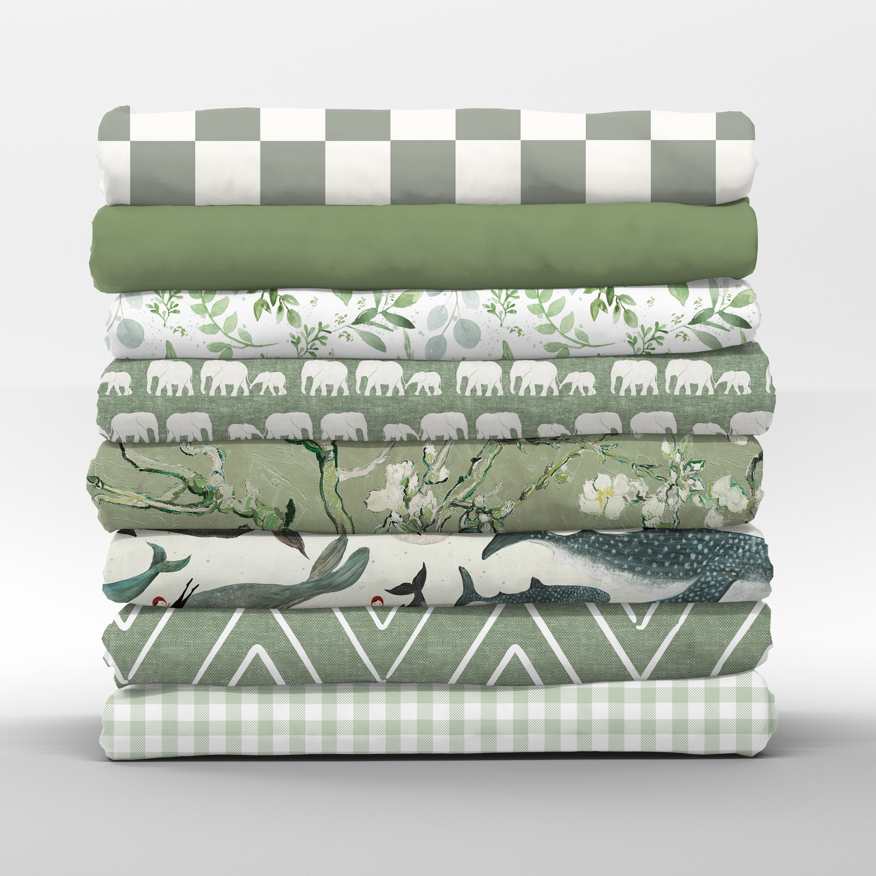 Sage Green Cotton Fabric by the Yard - Floral Checkerboard
