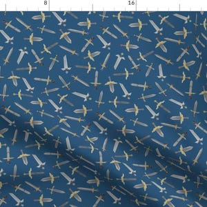May include: A seamless pattern featuring a repeating design of swords on a dark blue background. The swords are in various shades of gray and gold.