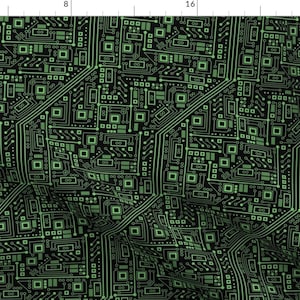 May include: A seamless pattern of green circuit board designs on a black background. The design is reminiscent of a computer chip.