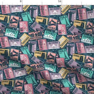 Vintage Fabric - Retro Postcards // Small Scale // Blue Background By Selmacardoso - Vintage Cotton Fabric By The Yard With Spoonflower