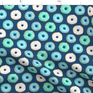 Donuts Fabric - Iced Donuts - Blue On Navy, 2 Inch Donuts By Hazel Fisher Creations - Donut Sweet Cotton Fabric By The Yard With Spoonflower