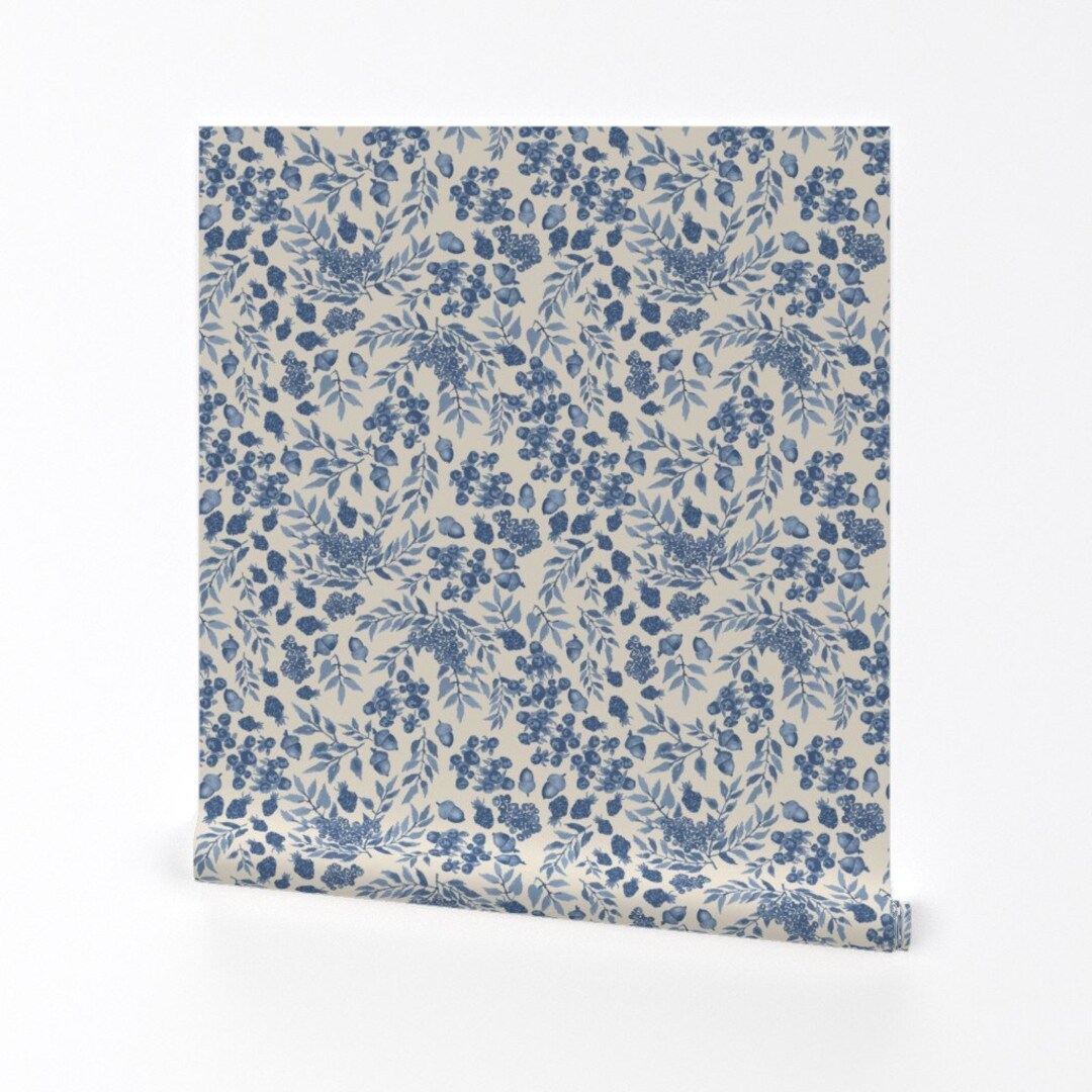 Blue Floral Toile Wallpaper Acorn Foliage by Lauramarot Blue Leaves