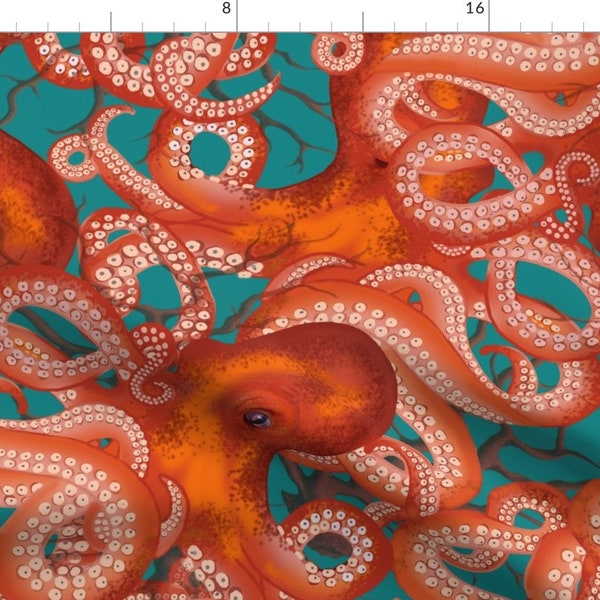 Whimsical Octopus Fabric - Red Octopus by hnldesigns -  Ocean Under The Sea Marine Life Large Scale Beach Fabric by the Yard by Spoonflower