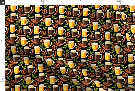 Funny Fabric - Octoberfest Beer, Brats, Hops And Pretzels By Khaus Germany Beerfest Food Sausage -Cotton Fabric By The Yard With Spoonflower
