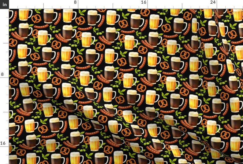 Funny Fabric - Octoberfest Beer, Brats, Hops And Pretzels By Khaus Germany Beerfest Food Sausage -Cotton Fabric By The Yard With Spoonflower image 1