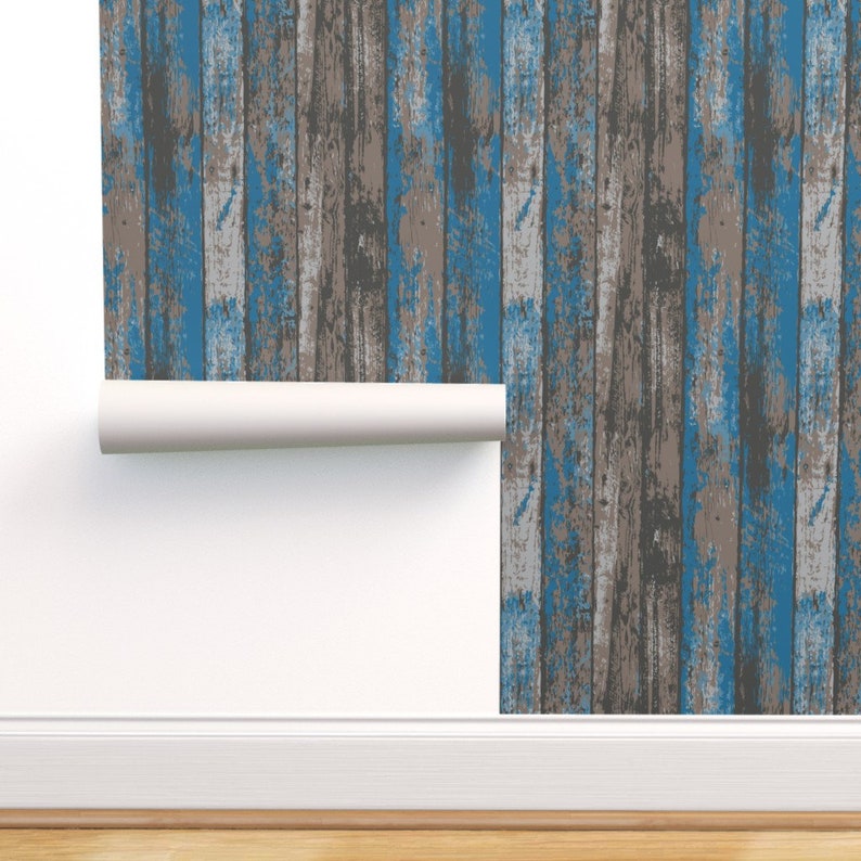 Blue Gray Faux Wood Wallpaper Aged Rustic Wooden Planks by Etsy