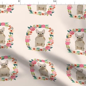 French Bulldog Floral Fabric - French Bulldog Fawn Wreath Fabric By Petfriendly - Frenchie Cotton Fabric By The Yard With Spoonflower