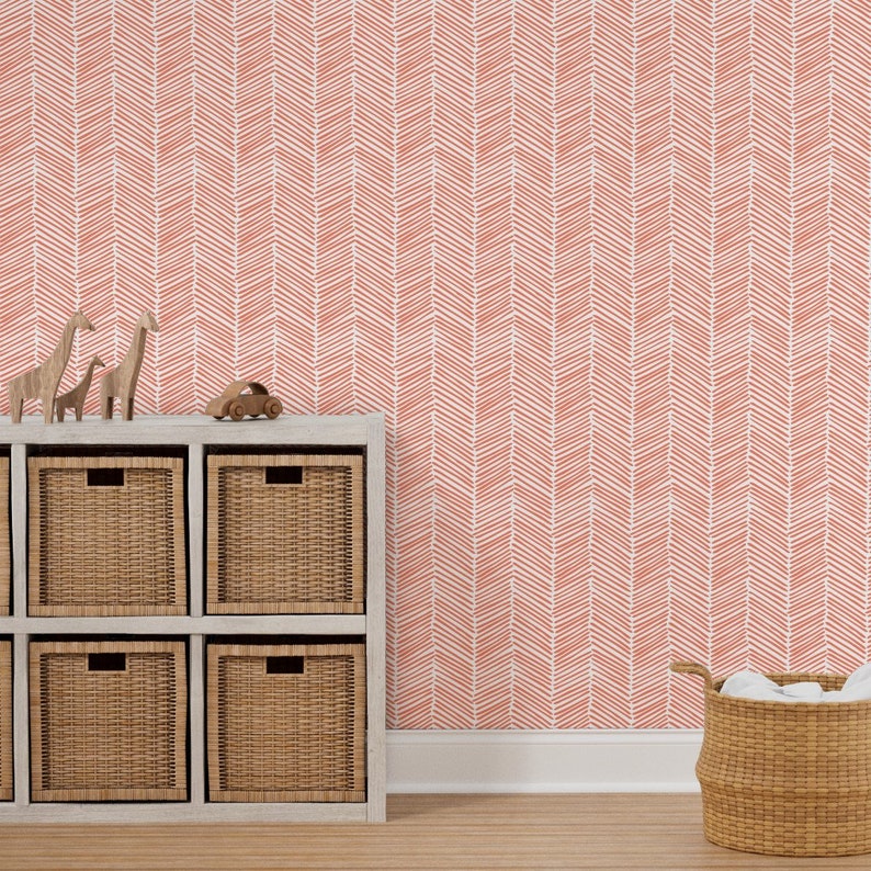 Coral Herringbone Wallpaper Freeform Arrows in Coral by Etsy