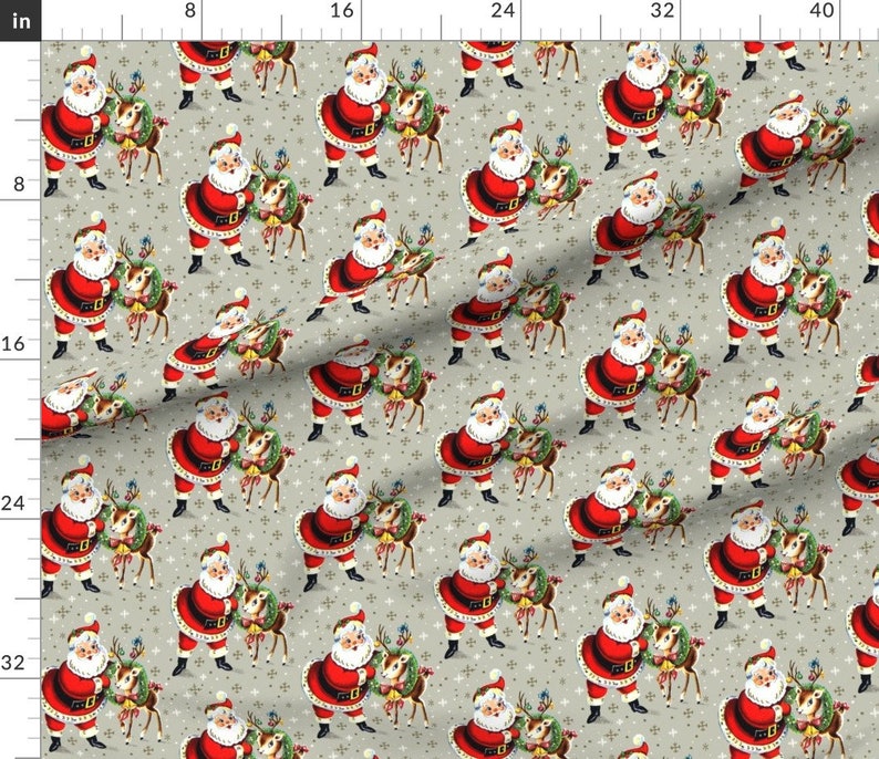 Santa Claus Fabric Reindeer Wreaths Bells Ribbons Snow Mistletoe Retro Kitsch By Raveneve Xmas Cotton Fabric By The Yard With Spoonflower image 3