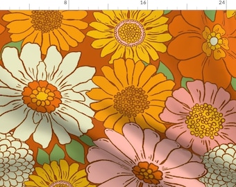 Retro 1970s Floral Fabric - 70s Boho Floral by mariarein - Vintage Style Nostalgia Pink Orange Yellow Fabric by the Yard by Spoonflower