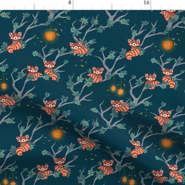 Red Panda Fabric - Red Pandas At Night By Jennifer Todd - Red Panda Asian Animal Navy Orange Cute Cotton Fabric By The Yard With Spoonflower