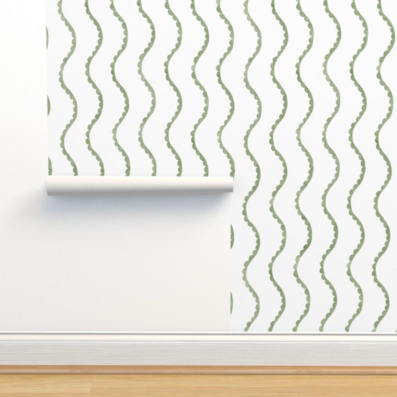 Sage Green Stripe Wallpaper Watercolor Waves Scalloped by Etsy