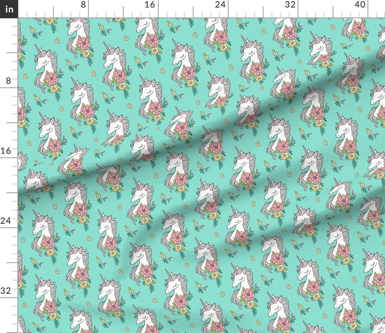 Unicorn Fabric Dreamy Unicorn Vintage Boho Flowers on Mint Etsy