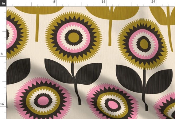 Retro Apparel Fabric - Jumbo Scandi Floral by carey_copeland - Flowers Scandi Pink And Black Vintage Mcm Clothing Fabric by Spoonflower