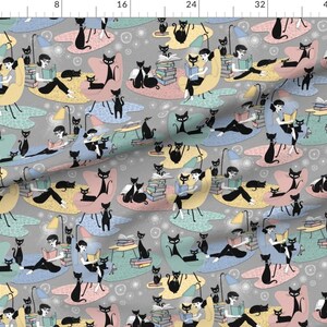 Cozy Reading Fabric Story Time By J9design Retro Gray Cats Blue Pink Woman Library Reading Cotton Fabric By The Yard With Spoonflower image 3