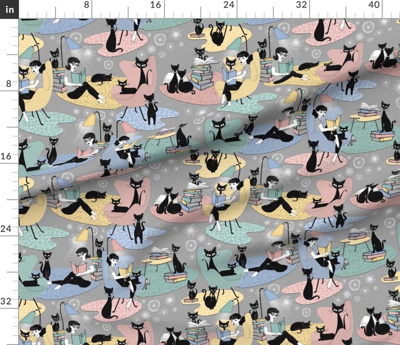 Cozy Reading Fabric Story Time By J9design Retro Gray Cats Blue Pink Woman Library Reading Cotton Fabric By The Yard With Spoonflower image 3