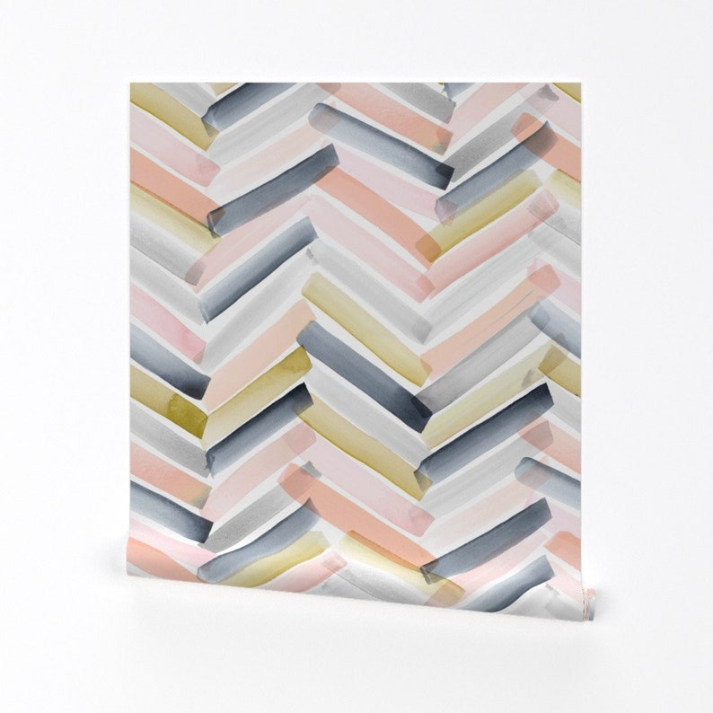 Chevron Wallpaper Blush Navy By Crystal Walen Modern Home Nursery Custom Printed Removable Self Adhesive Wallpaper Roll by Spoonflower image 1