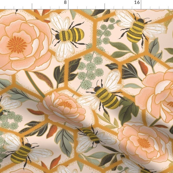 Honeycomb Trellis Fabric - Teamwork Of Bees by garabateo - Botanical Floral Peonies Roses Honeybees Garden Fabric by the Yard by Spoonflower