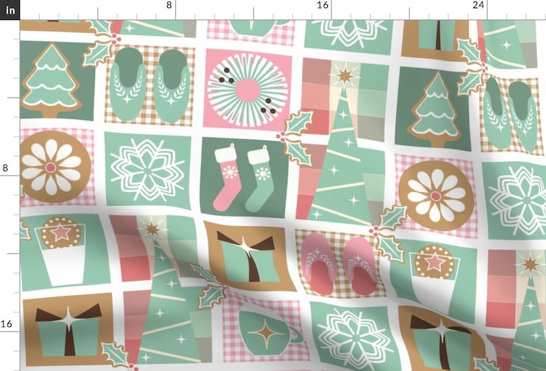 Christmas Patchwork Extra Wide Sateen Fabric Winter Holiday Pink Green Cozy Hygge Fabric By The Yard Cozy Winter Holiday by wolflingblue image 3