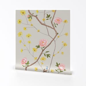 Chinoiserie Wallpaper - Jenny Peony on Mist by Domesticate - Custom Printed Removable Self Adhesive Wallpaper Roll by Spoonflower