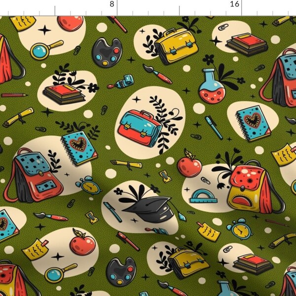 Retro Education Fabric - Back To School by simplulina - Vintage Gender Neutral Olive Green Students  Fabric by the Yard by Spoonflower