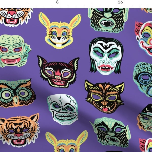 Vintage Halloween Fabric - Retro Halloween Purple by pinkowlet - Retro Masks Creepy Costume Spooky Horror  Fabric by the Yard by Spoonflower