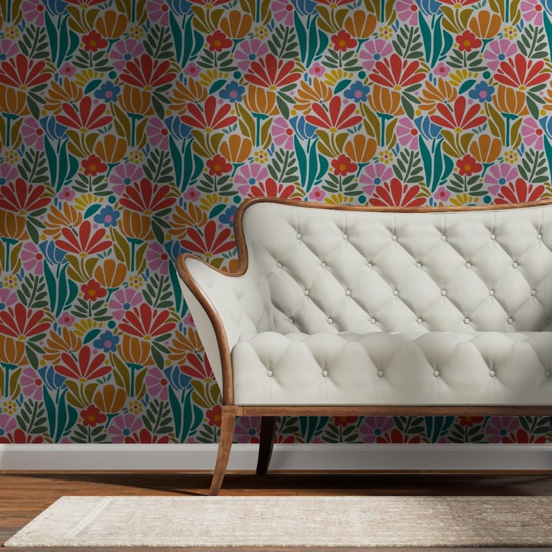 Psychedelic Floral Gold or Silver Metallic Wallpaper - Retro 1960s Pink Botanical Wallpaper Roll - Maximalism Folk by jenflorentine - image 7