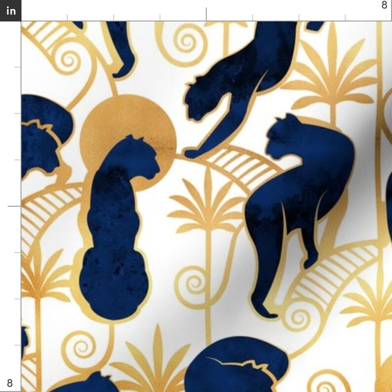 Panthers Sunshine Silouhette Fabric - Deco Panthers Garden // Normal Scale // White Background Navy And Gold Big Cats By Selmacardoso imagen 3