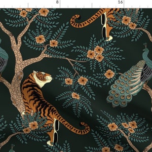 Tiger Chinoiserie Fabric - Tiger & Peacock by sveta_aho - Bengal Tiger Peacock Asian Inspired Fabric by the Yard by Spoonflower