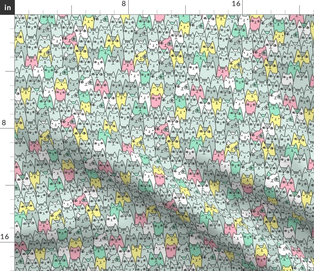 Pastel Cat Fabric Bright Cats Pattern Small Scale by - Etsy