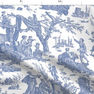 Country Toile Fabric - French Toile In Blue by pickychicken - Blue White Toile De Jouy Victorian Vintage Fabric by the Yard by Spoonflower