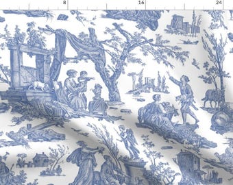 Country Toile Fabric - French Toile In Blue by pickychicken - Blue White Toile De Jouy Victorian Vintage Fabric by the Yard by Spoonflower